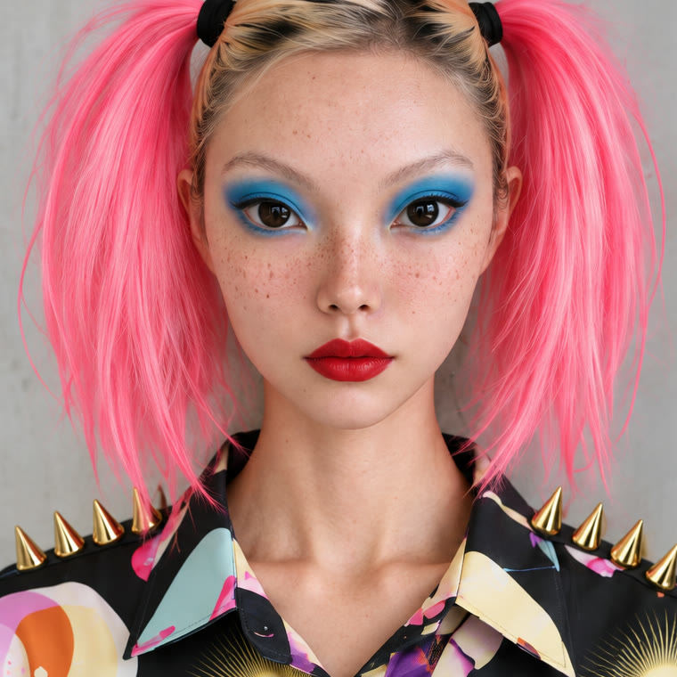Kikai with pink twin ponytails and blue eyeshadow