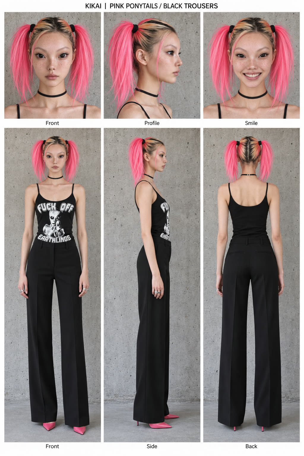 Kikai character sheet, pink ponytails and black trousers