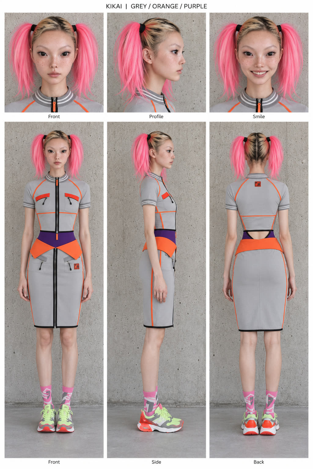 Kikai character sheet, grey orange purple runway look