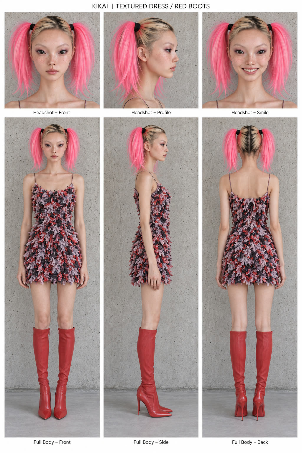Kikai character sheet, textured dress and red boots