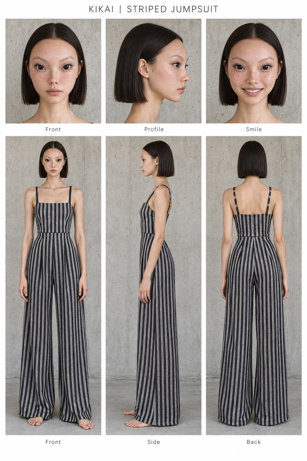 Kikai character sheet, striped jumpsuit with her dark bob