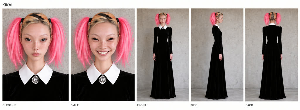 Kikai character sheet, black dress with white collar