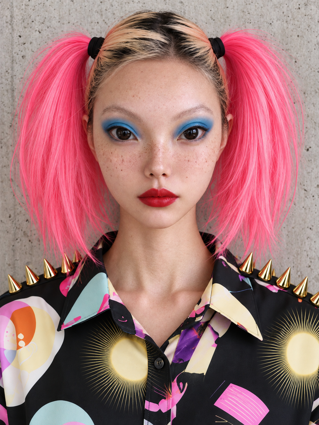 One interpretation of Kikai with pink hair, blue eyeshadow, red lipstick, and a gold-spiked shirt